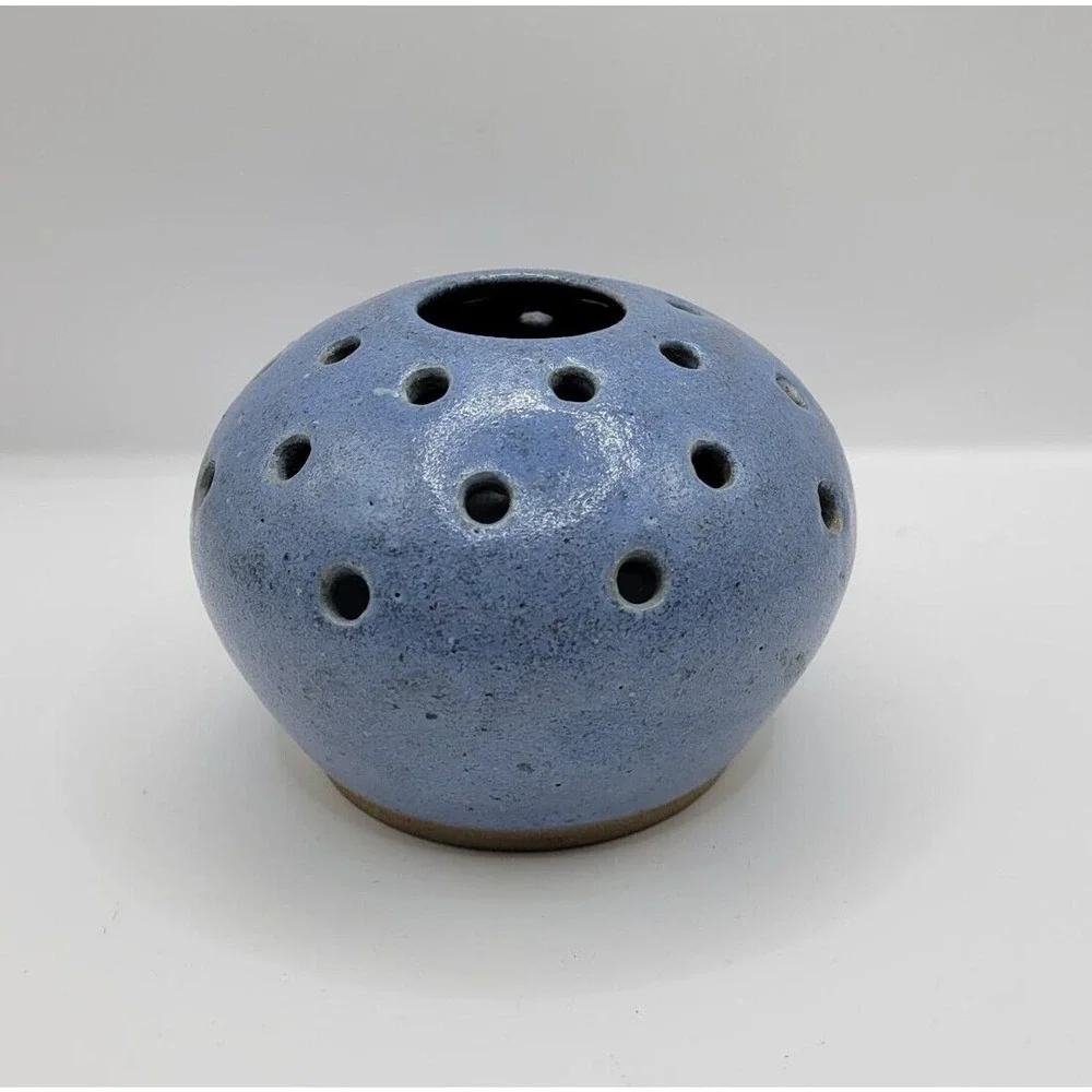 Vintage 1993 Studio Pottery Blue Flower Frog Vase Signed T Clark